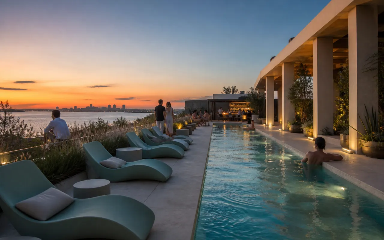 Piscina y terraza frente al río durante el atardecer