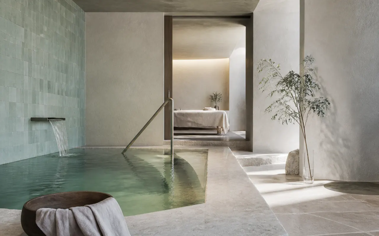 Circuito de agua con azulejos celadón y piedra clara