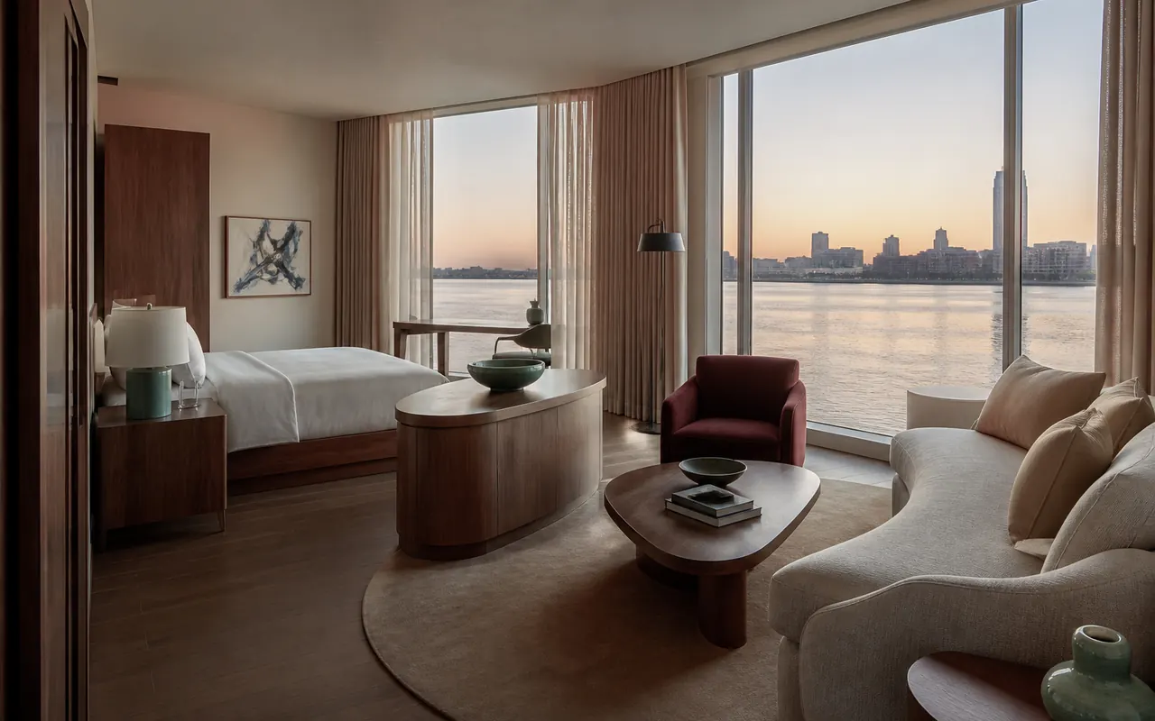 Suite amplia con mobiliario curvo y vista al río