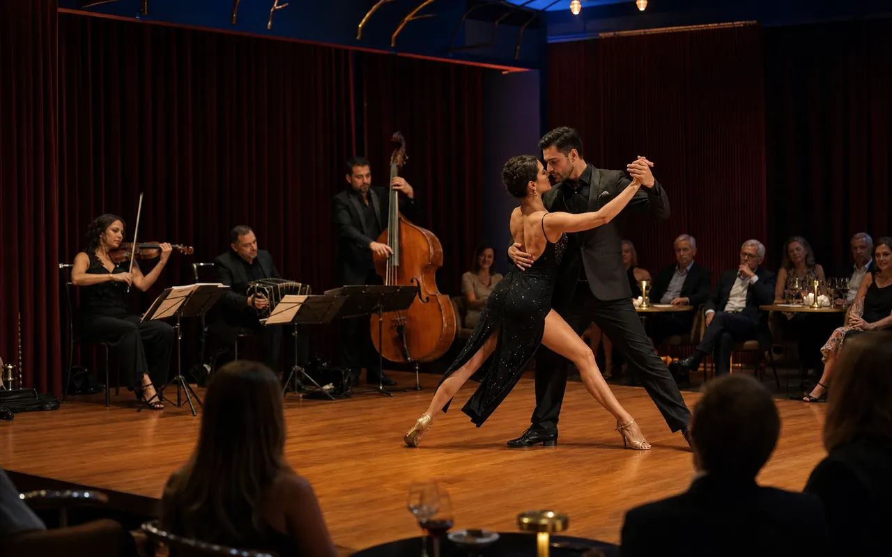 Pareja de tango bailando con orquesta en vivo